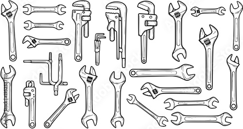 Hand-drawn Black and White Line Art Vector Illustration of Various Wrenches and Repair Tools for Construction, Plumbing, and DIY Projects