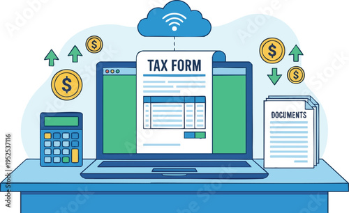 Online tax filing concept with laptop and cloud technology