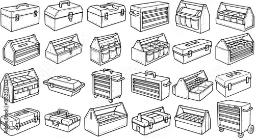 Toolbox and Tool Chest Vector Set for Construction, DIY, and Repair - Black and White Line Art Illustrations of Storage Boxes