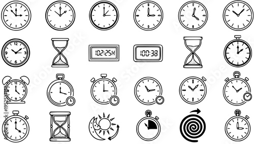 Time Measurement Black and White Line Art Icon Set for Business Productivity, Planning, and Concepts