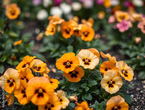 Vibrant orange and yellow pansy flowers blooming in a garden bed with dark green leaves and blurred background