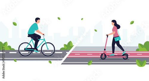 A man is riding a bicycle and a woman is riding an electric scooter on separate lanes in an urban setting.