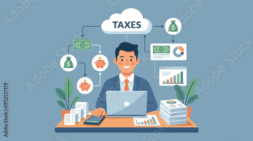 Smiling businessman managing personal taxes and finances