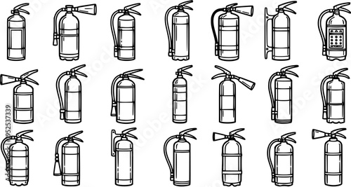Set of Black and White Line Art Fire Extinguisher Icons - Safety Equipment