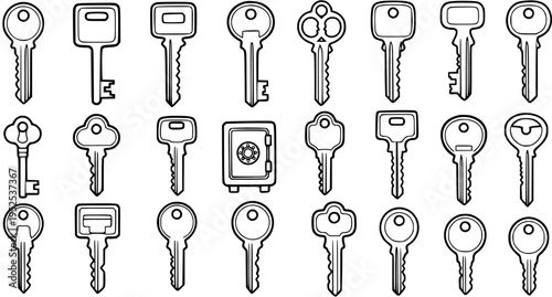 Security Keys and Safe Vector Icons Set. Black  White Line Art Glyph Collection for Access, Protection, and Locking Concepts in the Security Industry.