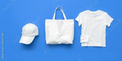 White baseball cap canvas tote bag and blank t shirt on blue background