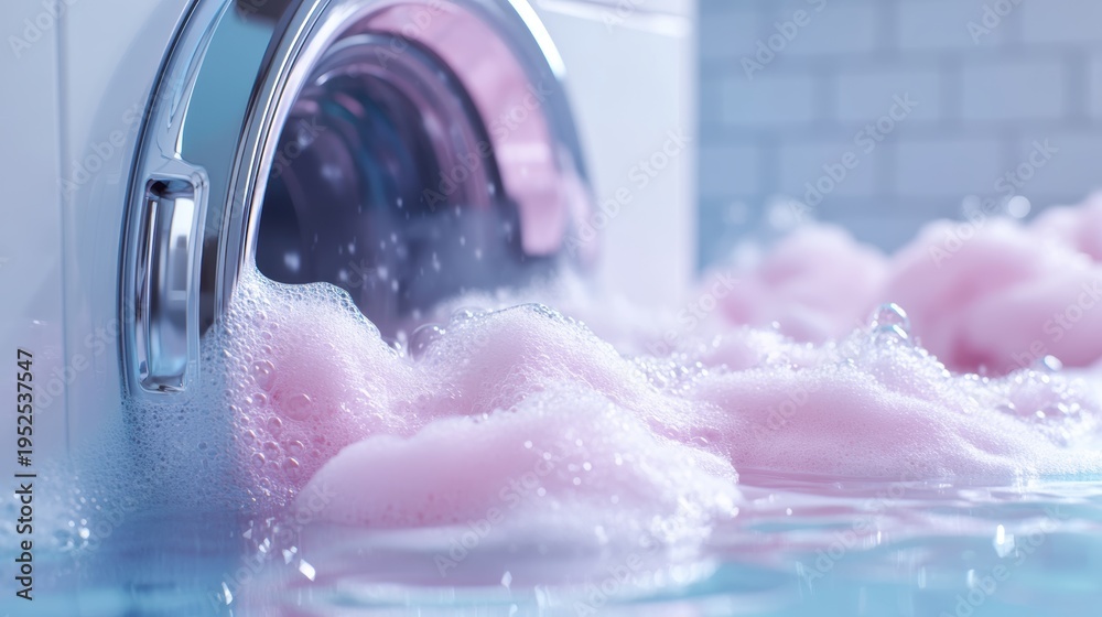 Fototapeta premium Interior with washing machine and soap bubbles,Vector realistic automatic washing machine with a front loading with blue soup bubbles,Realistic vector illustration,Home appliance concept.