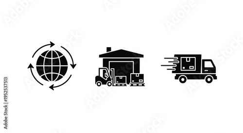 Global logistics and delivery icons featuring a warehouse silhouette