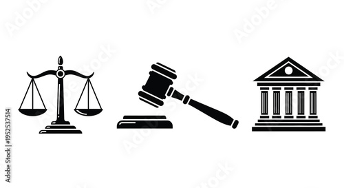 Scales of justice gavel and courthouse in black silhouette