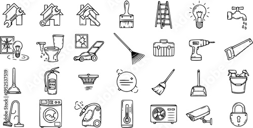 Home Repair and Maintenance Hand Drawn Doodle Line Art Icons Set. Household Tools, Cleaning Supplies, and Appliances for Service and Property