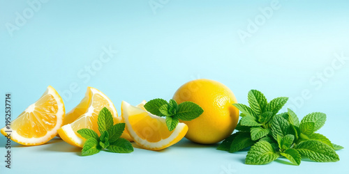 Whole yellow lemon with sliced citrus wedges and fresh green mint leaves on a solid light blue background