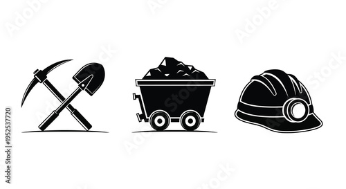 Mining tools including pickaxe cart and helmet black silhouette
