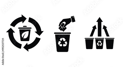 Recycling symbols depicting waste disposal and circular economy silhouette