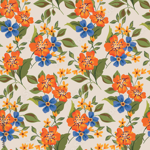 Seamless floral pattern, elegant ditsy print in vintage motif. Beautiful botanical surface design of hand drawn small flowers, bouquets of little leaves, green foliage. Vector illustration.