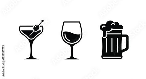 Three alcoholic beverages depicted in a striking black silhouette