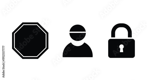 Three black icons stop sign person and padlock silhouette