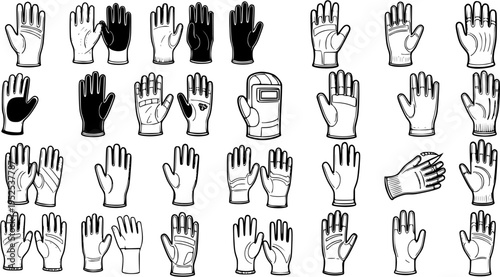 Black and White Line Art Icons of Various Hand Gloves for Protection and Work