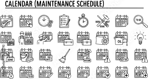 Hand-Drawn Black  White Line Art Maintenance Schedule Calendar Icons Set. Doodle Vector Collection for Industrial Service and Time Management.