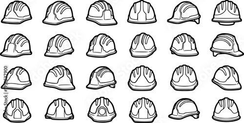 Construction Hard Hats Black and White Line Art Icons Set