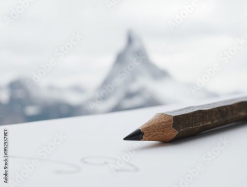 Wooden pencil resting on white paper with a blurred mountain peak in the background