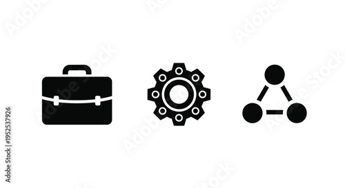 Briefcase gear and network icons shown in black silhouette