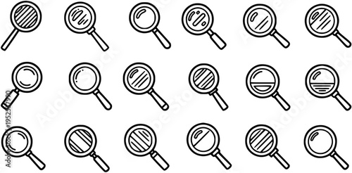 Black and White Line Art Magnifying Glasses Icons Set