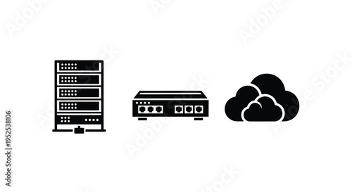 Server rack network device and cloud icon in black silhouette