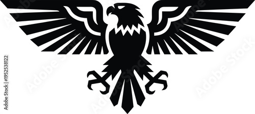 Black eagle silhouette with spread wings vector illustration, powerful bird emblem symbol representing strength, freedom, heraldic crest design, tribal tattoo style isolated graphic
