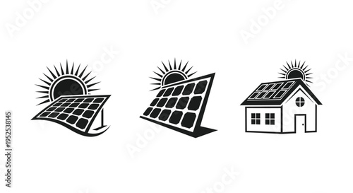 Solar panels and house icons with sun a black silhouette