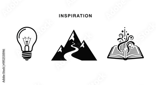 Lightbulb mountains and open book icons representing inspiration silhouette