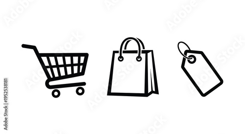 Shopping icons including a cart bag and tag silhouette