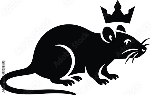 Black Rat Silhouette with Crown, Isolated on White Background, King Rodent Symbol, Animal Mascot Logo Design, Pest Control or Royalty Concept