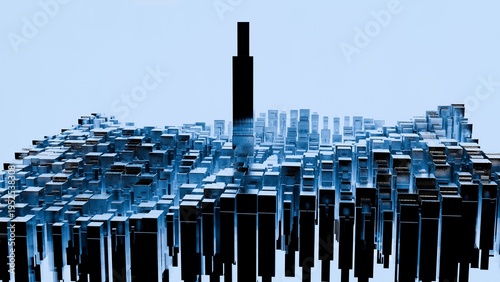 Futuristic Abstract 3D Cityscape with Metallic Blue Blocks and Tall Skyscraper on Light Blue Background