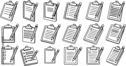 Hand-drawn Black and White Line Art Set of Clipboards with Pencils for Business, Education, Office Productivity, Document Management, and Checklists.