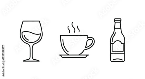 Line art depicting a wine glass coffee and bottle silhouette