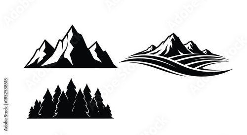 Mountain range and forest designs presented as bold silhouettes