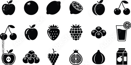 Black silhouette fruit icons set including apple, orange, lemon, peach, cherries, grapes, pomegranate, fig, and juice illustrations for nutrition design