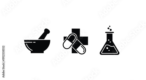 Medical icons depicting pharmacy tools and pills a stark silhouette