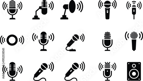 Black silhouette microphone icons set with studio, handheld, and stand designs, audio wave symbols and speaker illustration for podcasting and broadcasting
