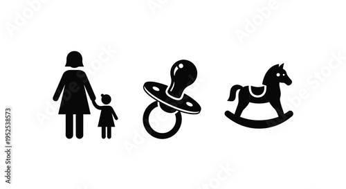 Family pacifier and rocking horse depicted in a dark silhouette