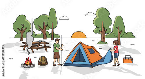 Couple setting up a tent and campfire at a campsite with trees and sunset.