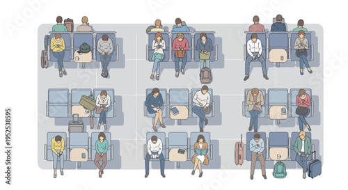 Aerial View of Diverse People Waiting in Airport Lounge, Travel & Leisure Concept