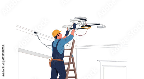 Electrician installing ceiling fan with light, working on ladder, electrical wiring