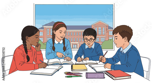 Diverse students collaborating on schoolwork at a table with a school building in the background