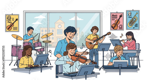 Children's Music Class: Teacher Instructing Students on Instruments