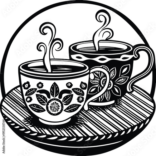 Vector illustration of 2 steaming coffee cups on a saucer