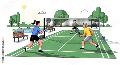 People playing badminton in a sunny park court with trees and a pond