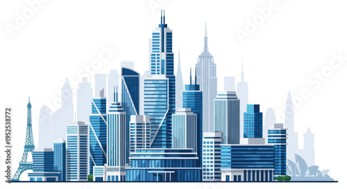 Modern Cityscape Skyline with Tall Skyscrapers and Eiffel Tower Silhouette, Blue Tones