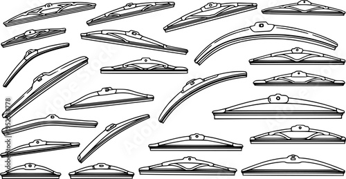Black and White Line Art of Various Car Windshield Wiper Blades