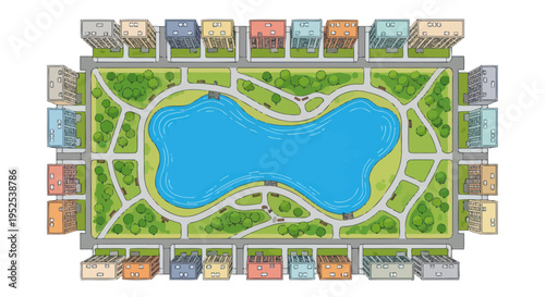 Aerial View of a Modern City Block with Residential Buildings Surrounding a Serene Lake